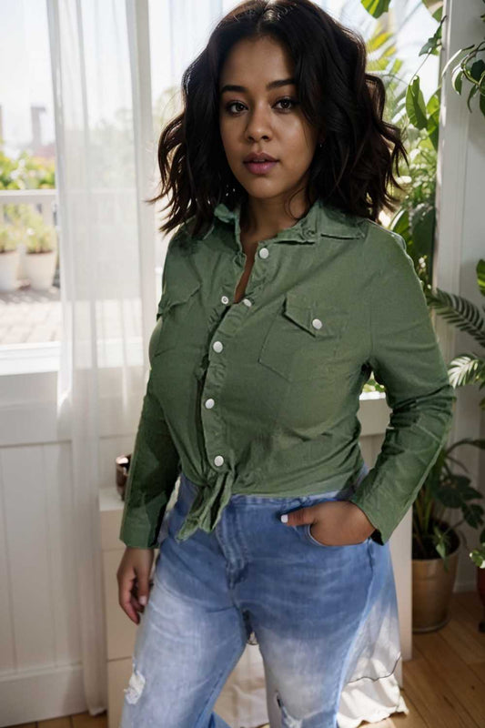 ruched trim button up long sleeve collared casual jacket 107612