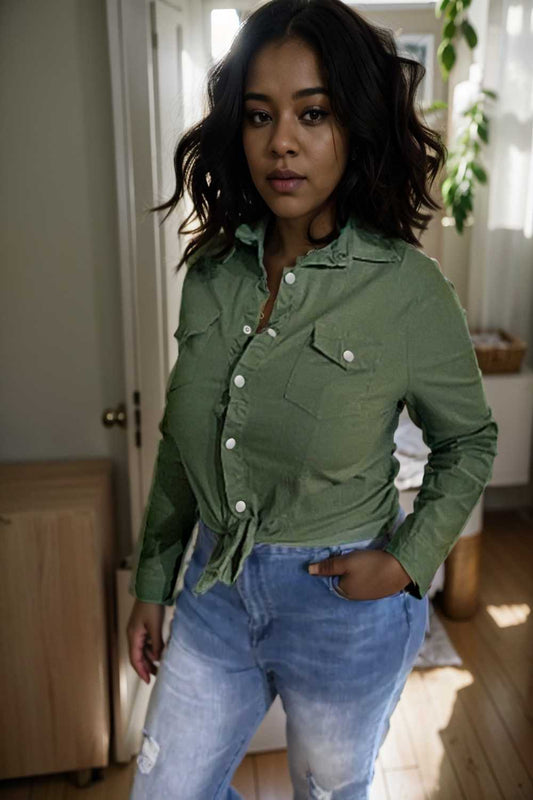 ruched trim button up long sleeve collared casual jacket 111015