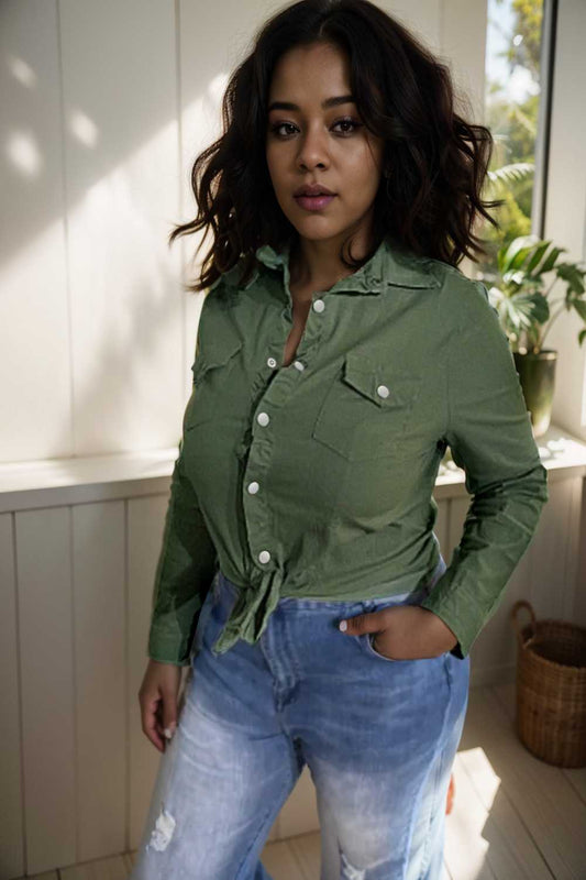 ruched trim button up long sleeve collared casual jacket 107254