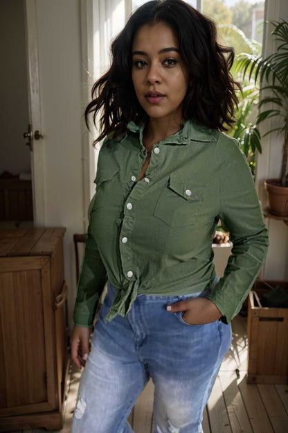 ruched trim button up long sleeve collared casual jacket 107698