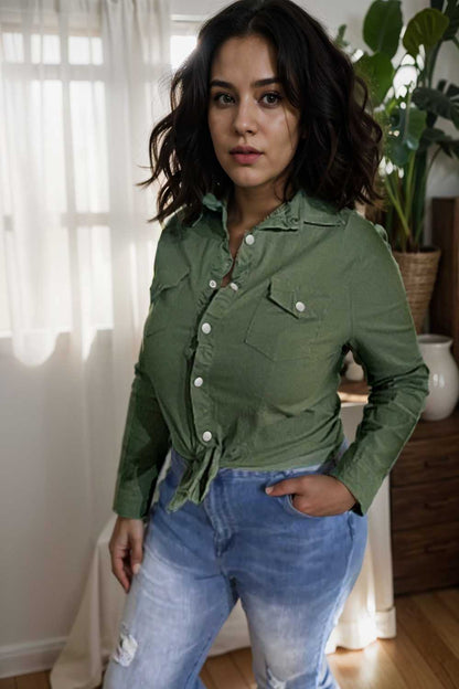 ruched trim button up long sleeve collared casual jacket 106909