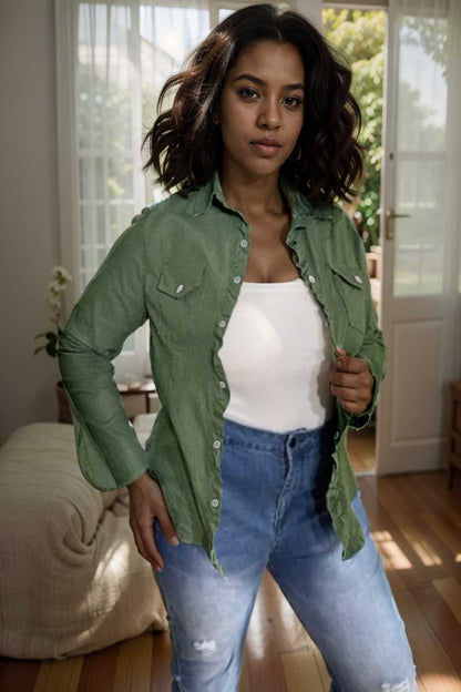 ruched trim button up long sleeve collared casual jacket 106900
