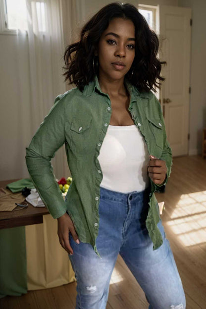 ruched trim button up long sleeve collared casual jacket 107626