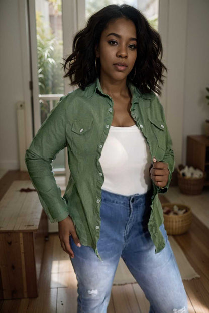 ruched trim button up long sleeve collared casual jacket 107623