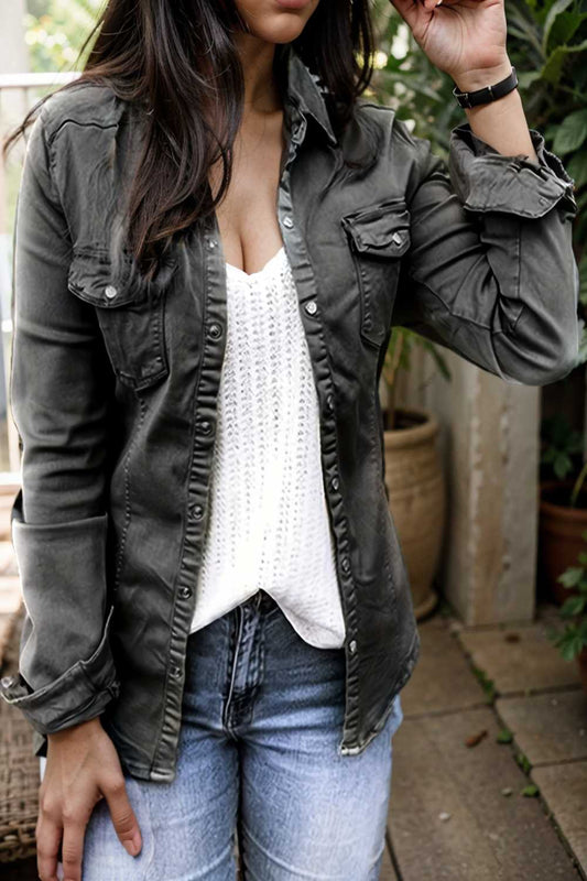 ruched trim button up long sleeve collared casual jacket 107947