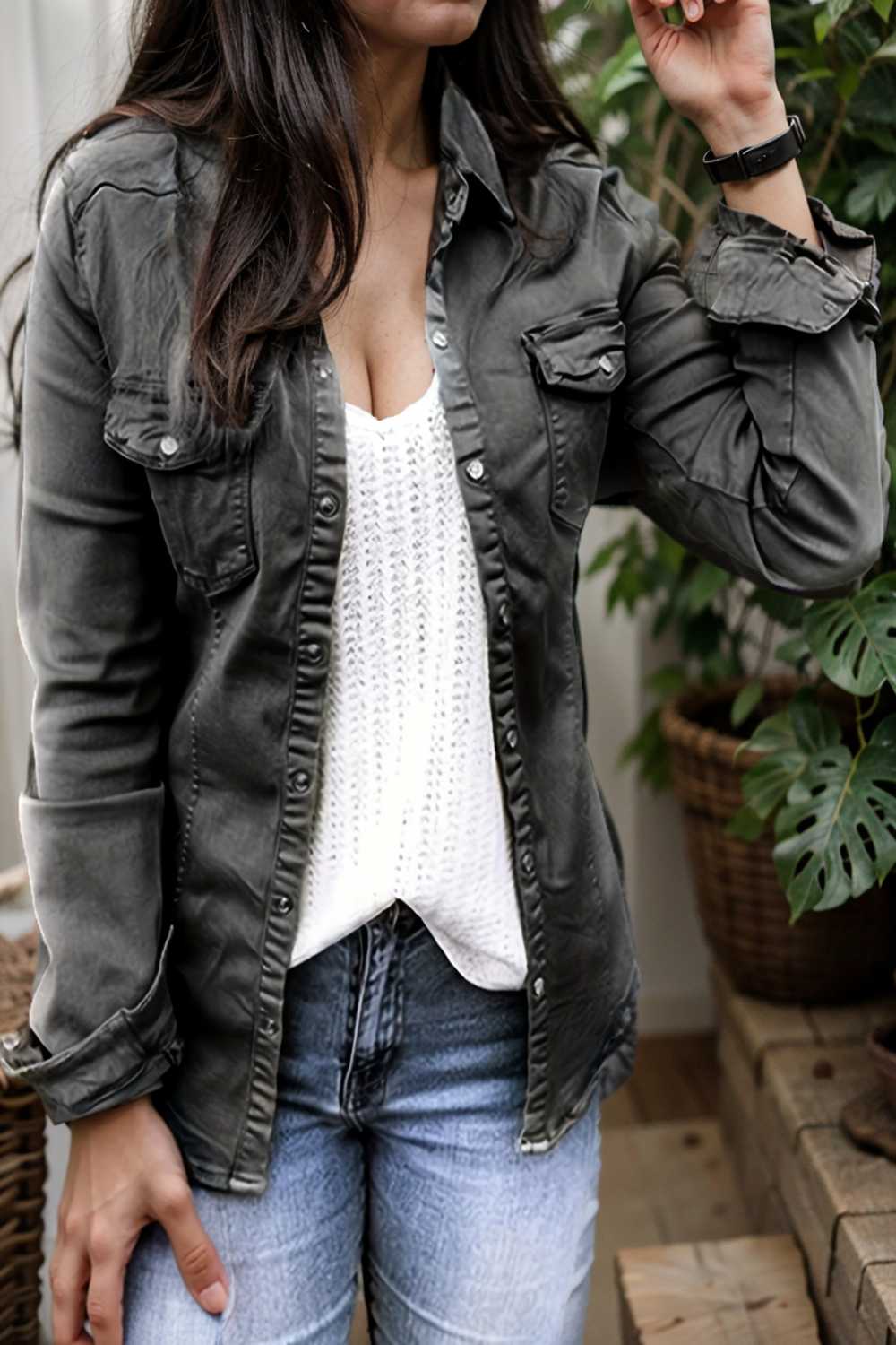 ruched trim button up long sleeve collared casual jacket 106896