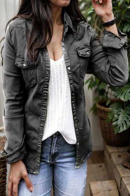 ruched trim button up long sleeve collared casual jacket 106896