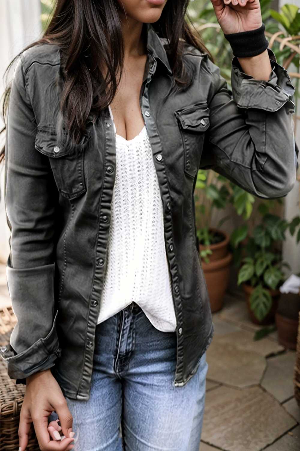 ruched trim button up long sleeve collared casual jacket 107619