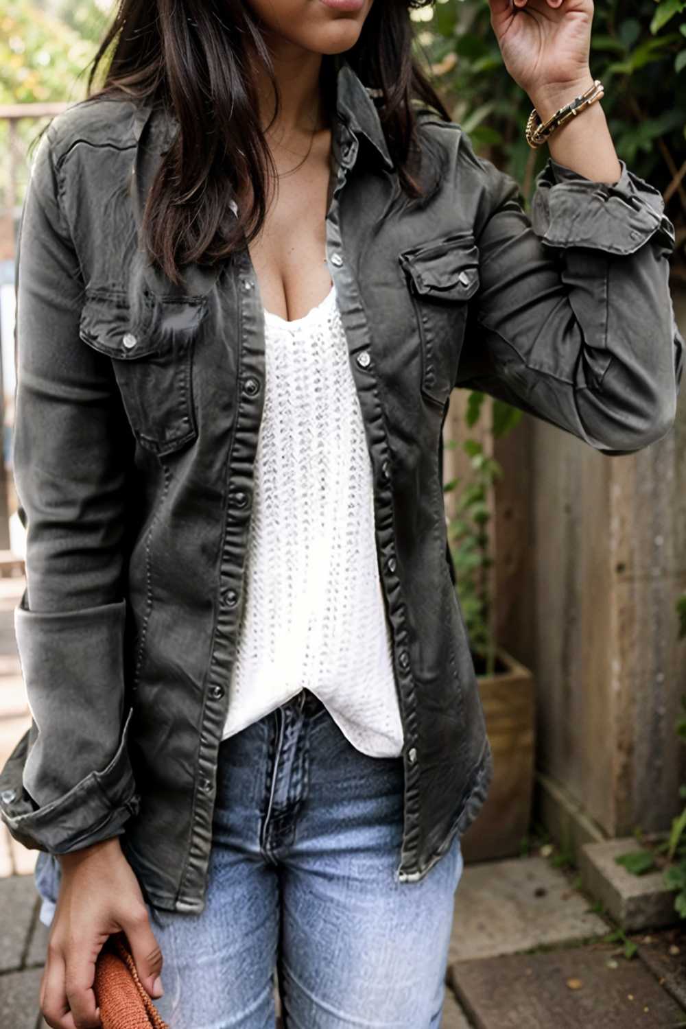 ruched trim button up long sleeve collared casual jacket 110073