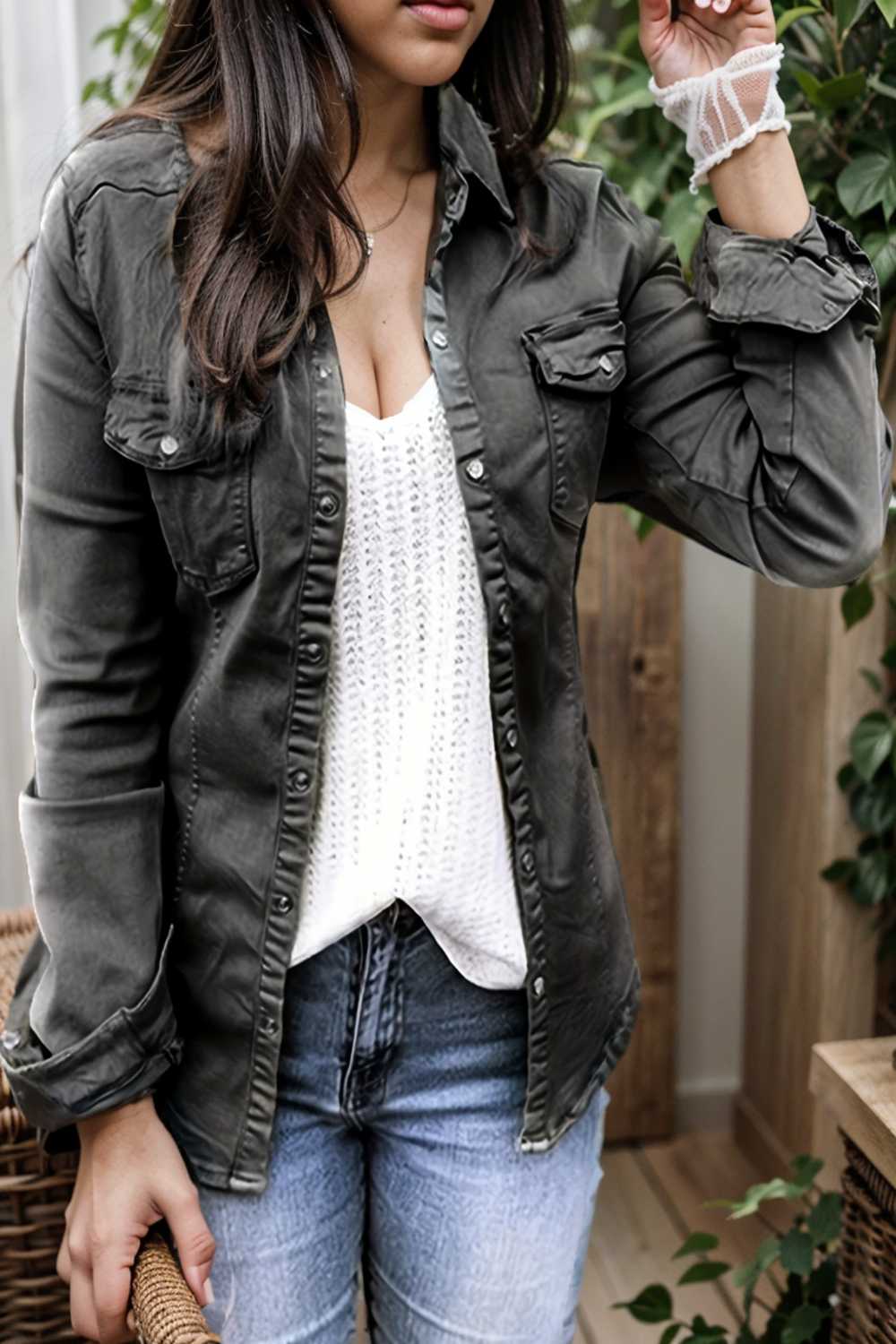 ruched trim button up long sleeve collared casual jacket 108147