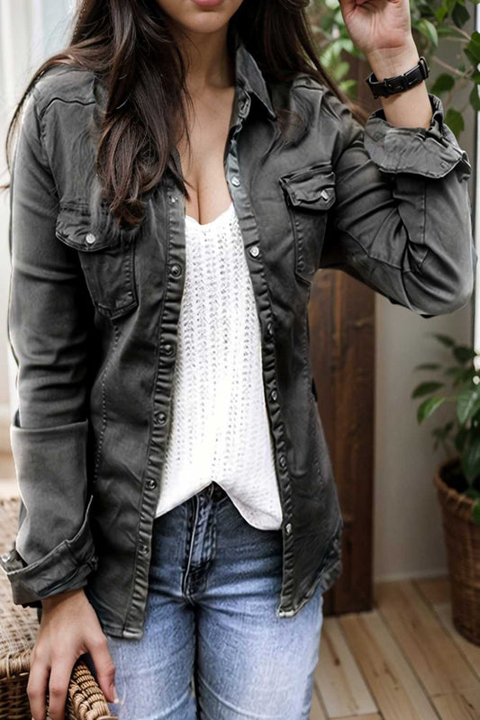 ruched trim button up long sleeve collared casual jacket 110304
