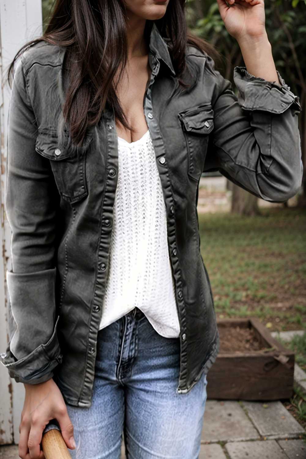 ruched trim button up long sleeve collared casual jacket 106895