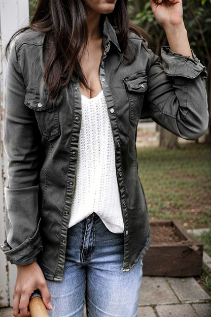 ruched trim button up long sleeve collared casual jacket 106895