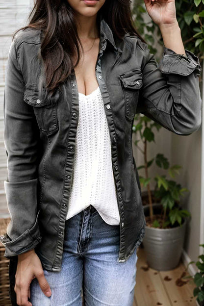 ruched trim button up long sleeve collared casual jacket 110072