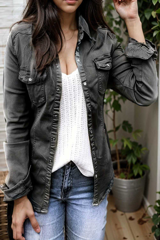 ruched trim button up long sleeve collared casual jacket 110072