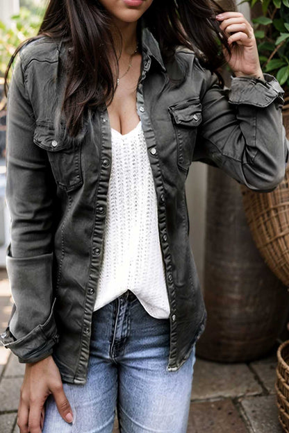 ruched trim button up long sleeve collared casual jacket 107618