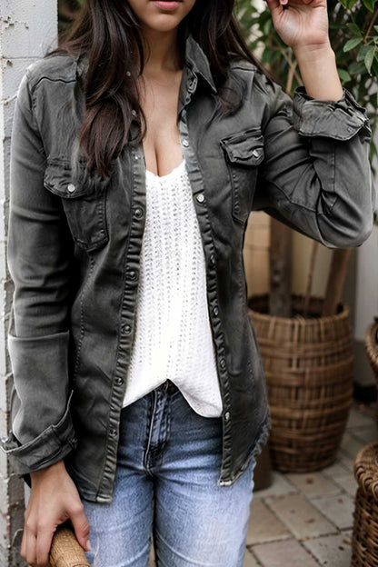ruched trim button up long sleeve collared casual jacket 108146