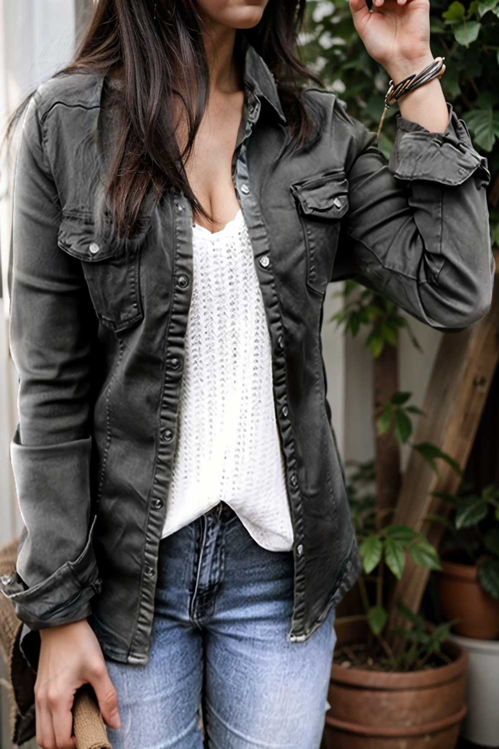 ruched trim button up long sleeve collared casual jacket 106894