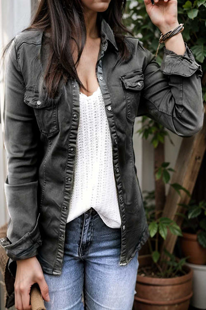 ruched trim button up long sleeve collared casual jacket 106894
