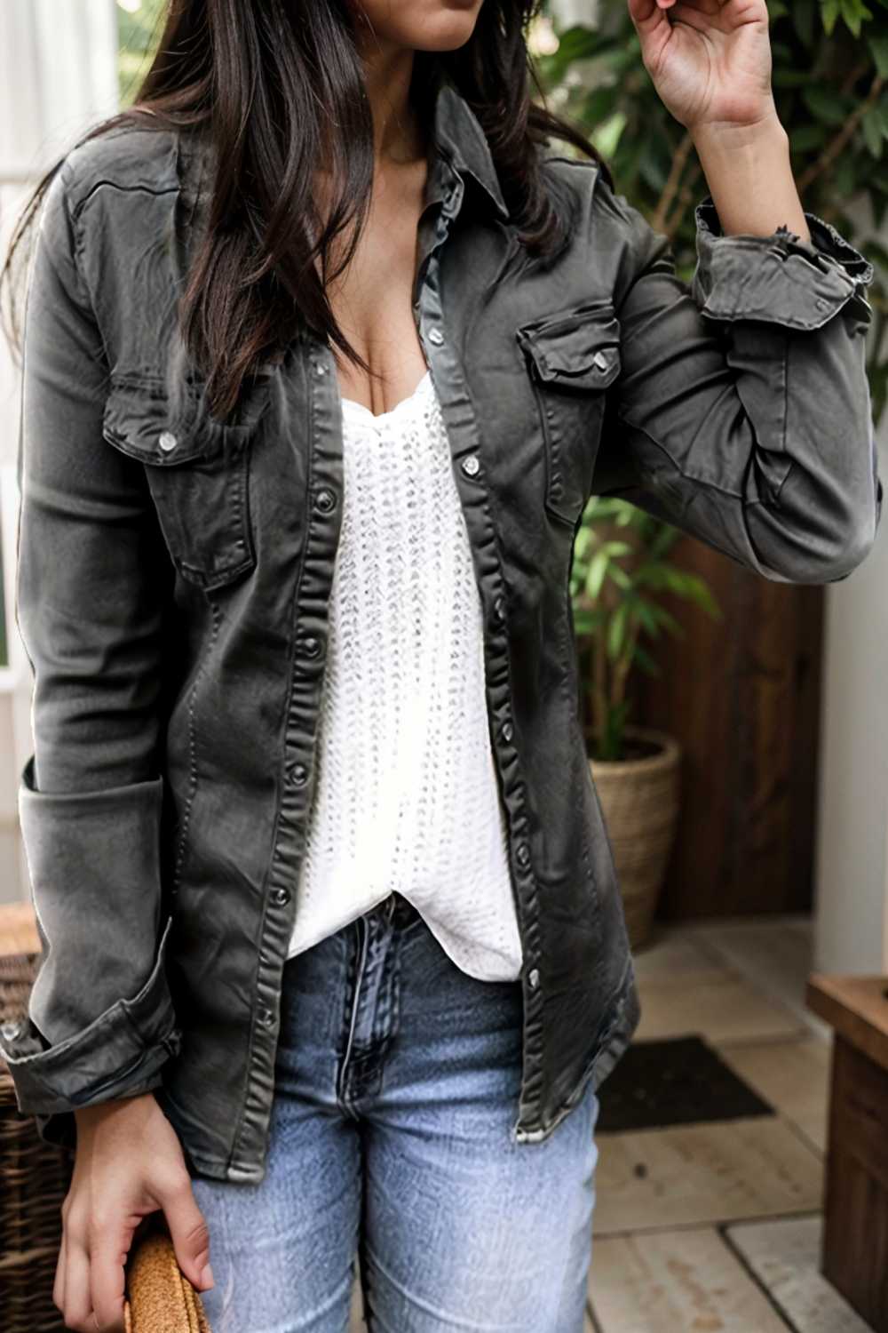 ruched trim button up long sleeve collared casual jacket 107617