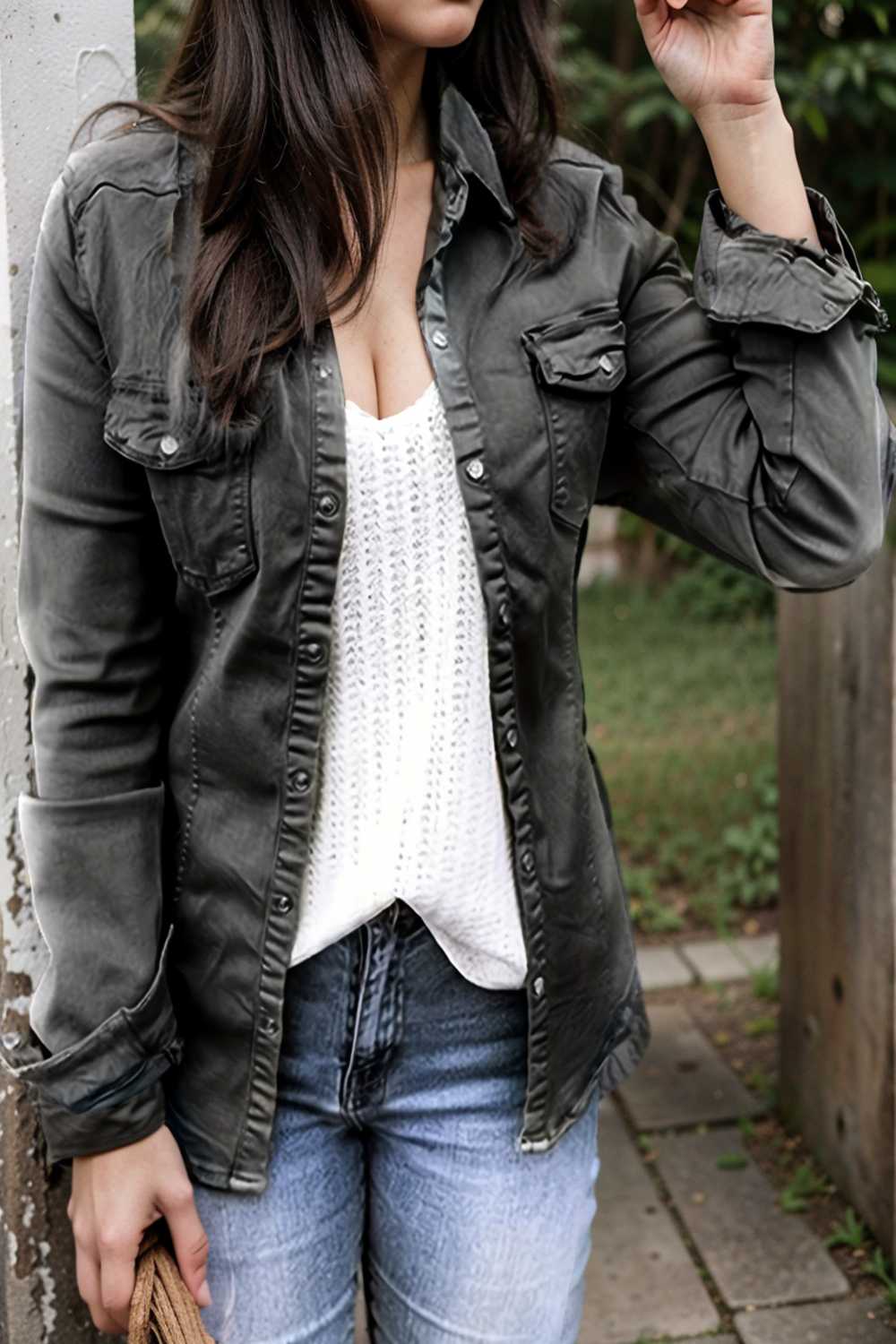 ruched trim button up long sleeve collared casual jacket 108145