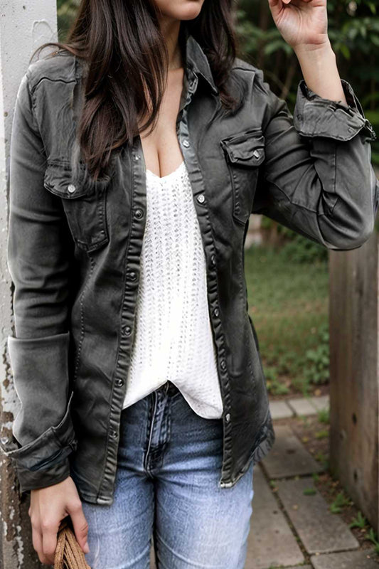 ruched trim button up long sleeve collared casual jacket 108145