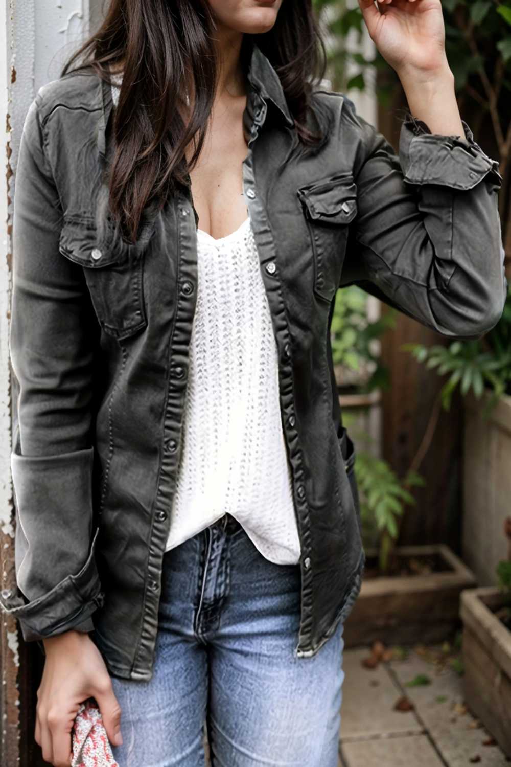ruched trim button up long sleeve collared casual jacket 106893