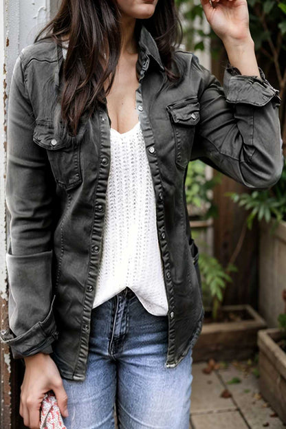 ruched trim button up long sleeve collared casual jacket 106893