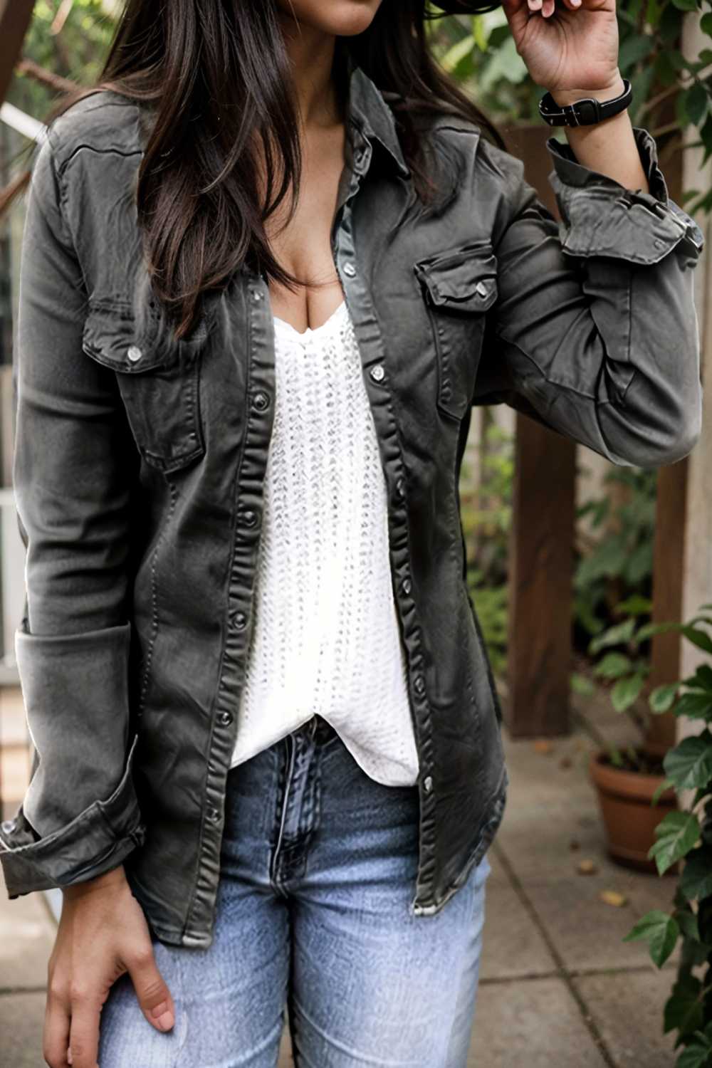ruched trim button up long sleeve collared casual jacket 107616