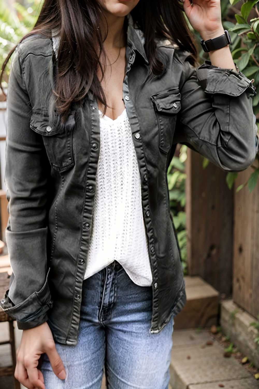ruched trim button up long sleeve collared casual jacket 106892
