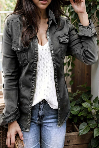 ruched trim button up long sleeve collared casual jacket 107615
