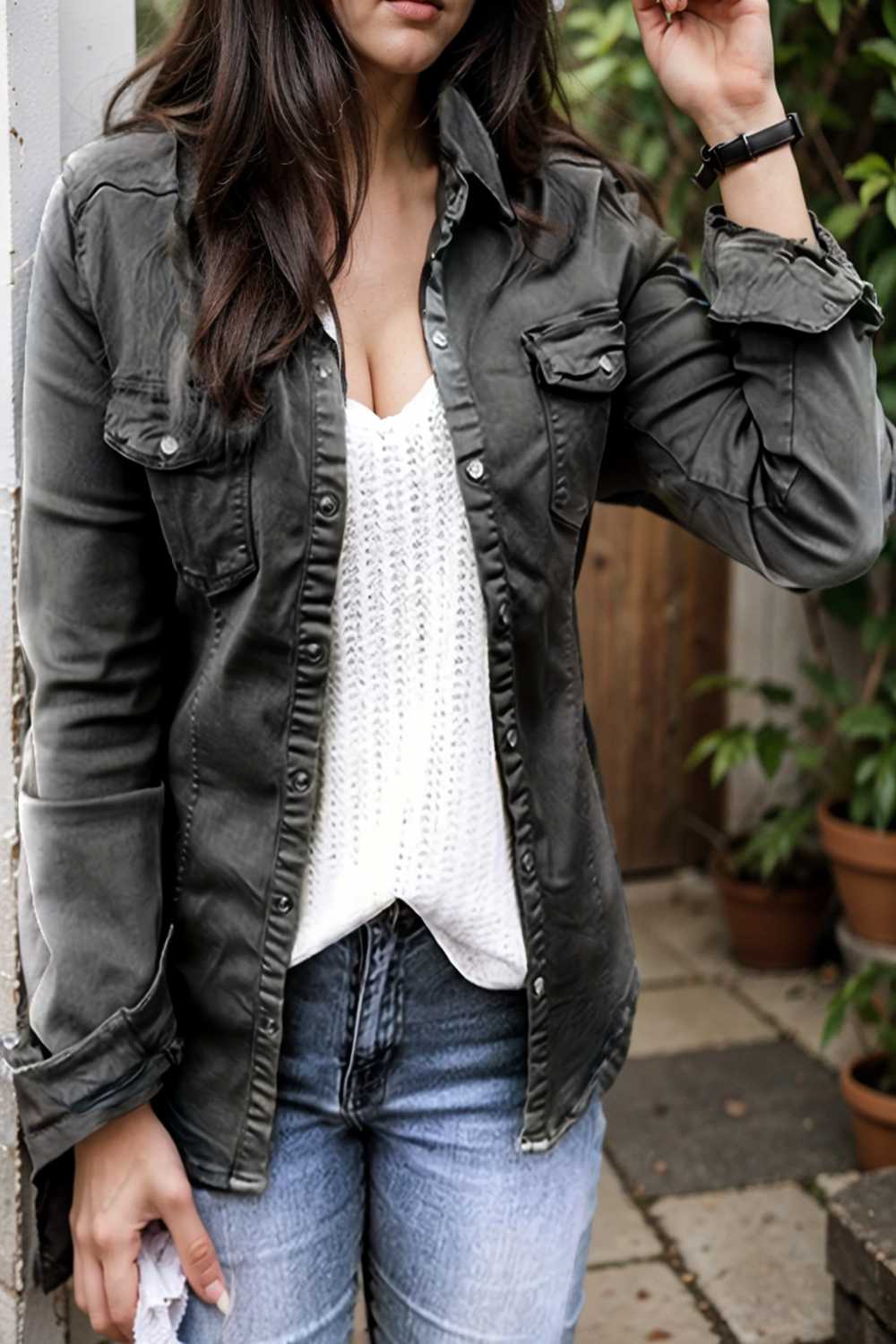 ruched trim button up long sleeve collared casual jacket 106891