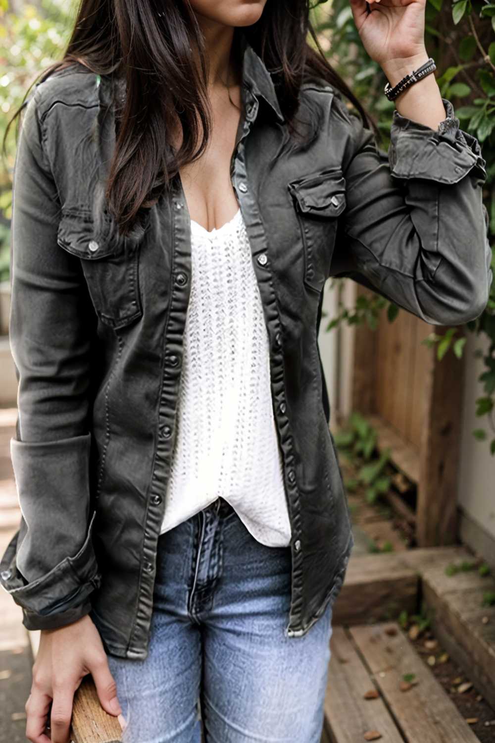 ruched trim button up long sleeve collared casual jacket 107614
