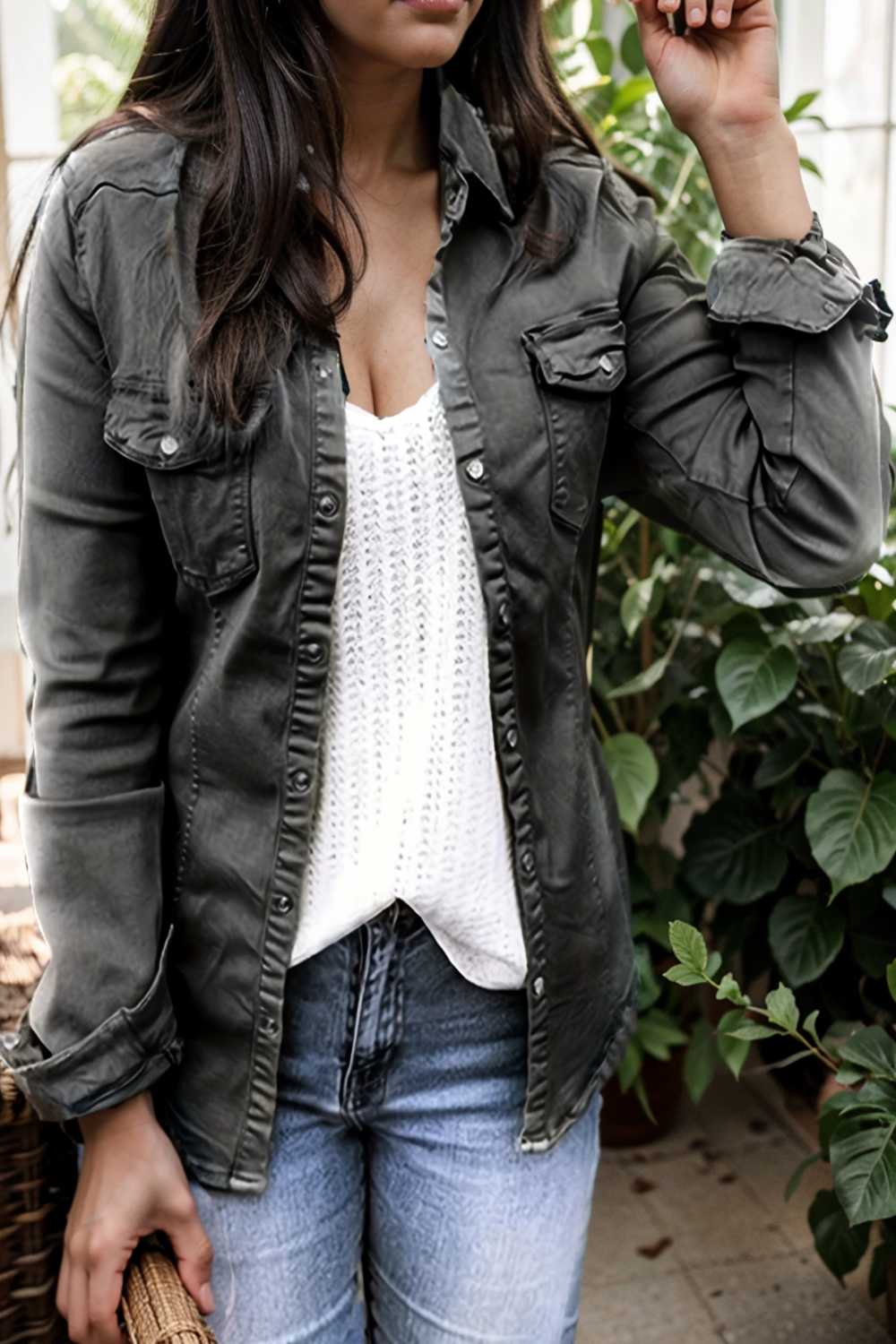 ruched trim button up long sleeve collared casual jacket 106890