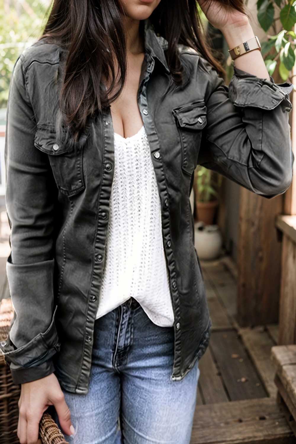 ruched trim button up long sleeve collared casual jacket 107613