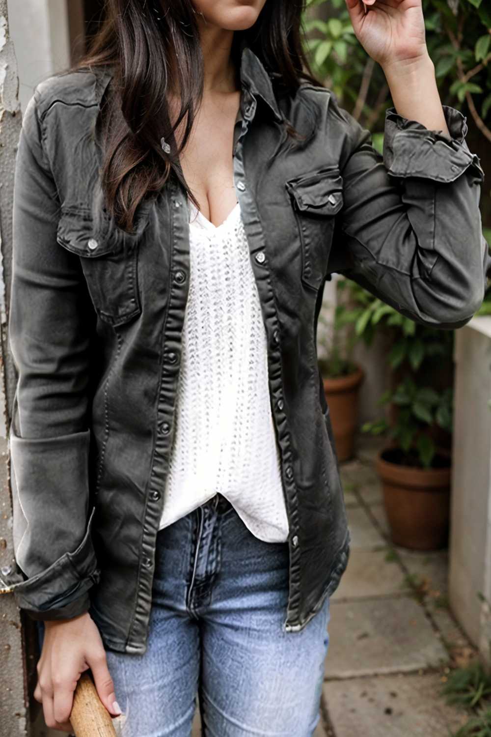 ruched trim button up long sleeve collared casual jacket 105414