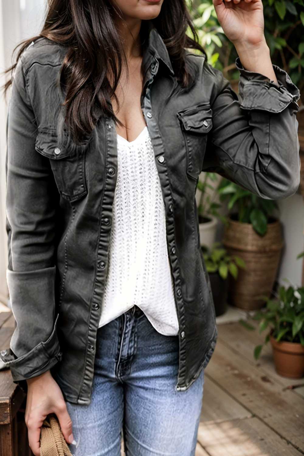 ruched trim button up long sleeve collared casual jacket 106889