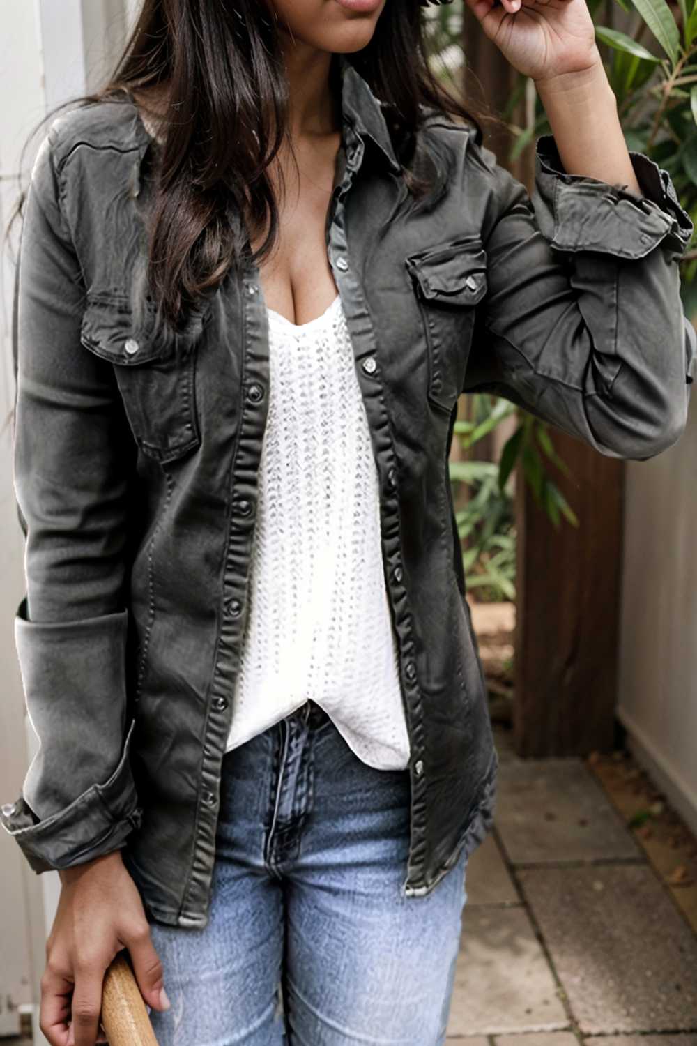 ruched trim button up long sleeve collared casual jacket 105413