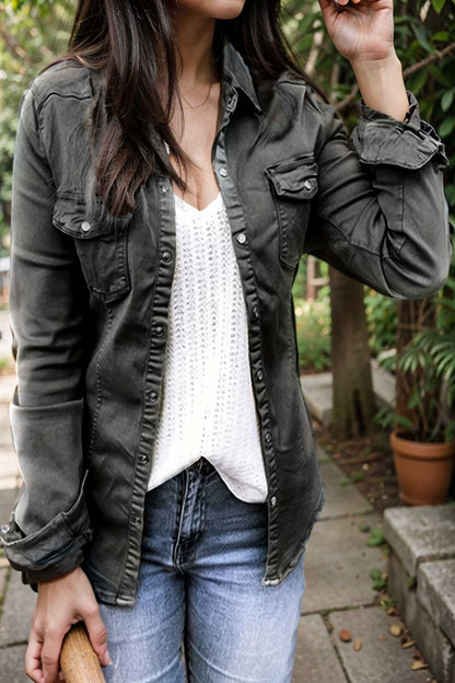 ruched trim button up long sleeve collared casual jacket 105412