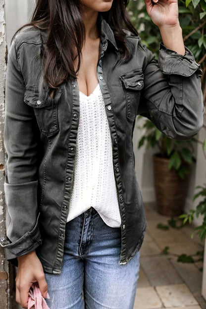 ruched trim button up long sleeve collared casual jacket 105411