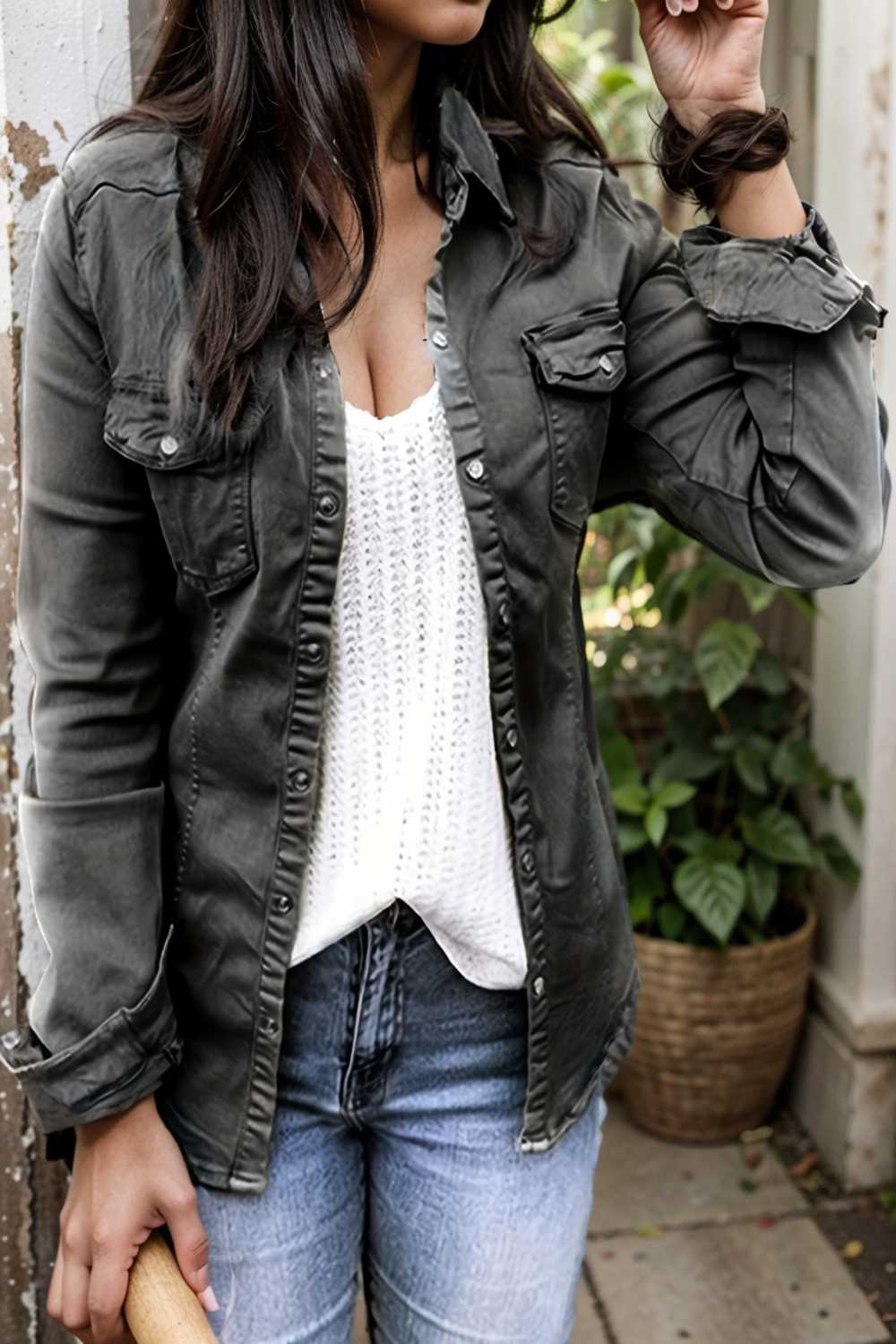 ruched trim button up long sleeve collared casual jacket 105410