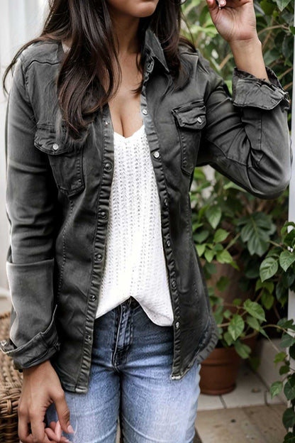 ruched trim button up long sleeve collared casual jacket 105409