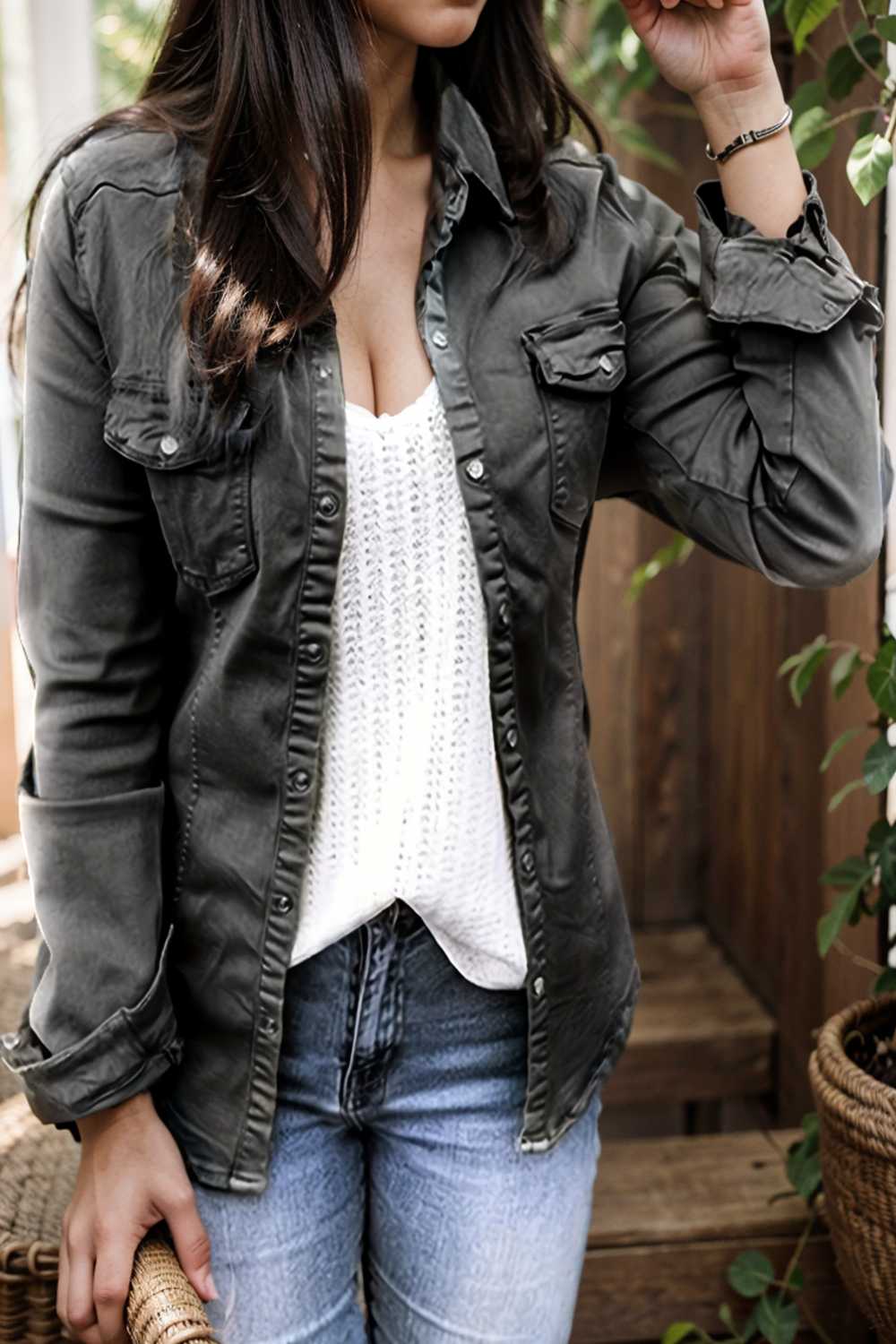 ruched trim button up long sleeve collared casual jacket 105408