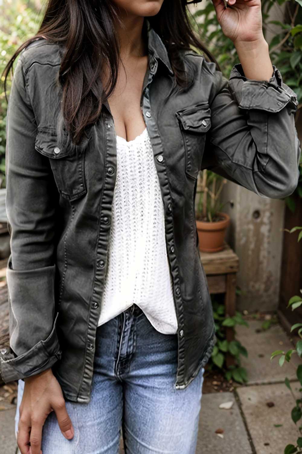 ruched trim button up long sleeve collared casual jacket 105407