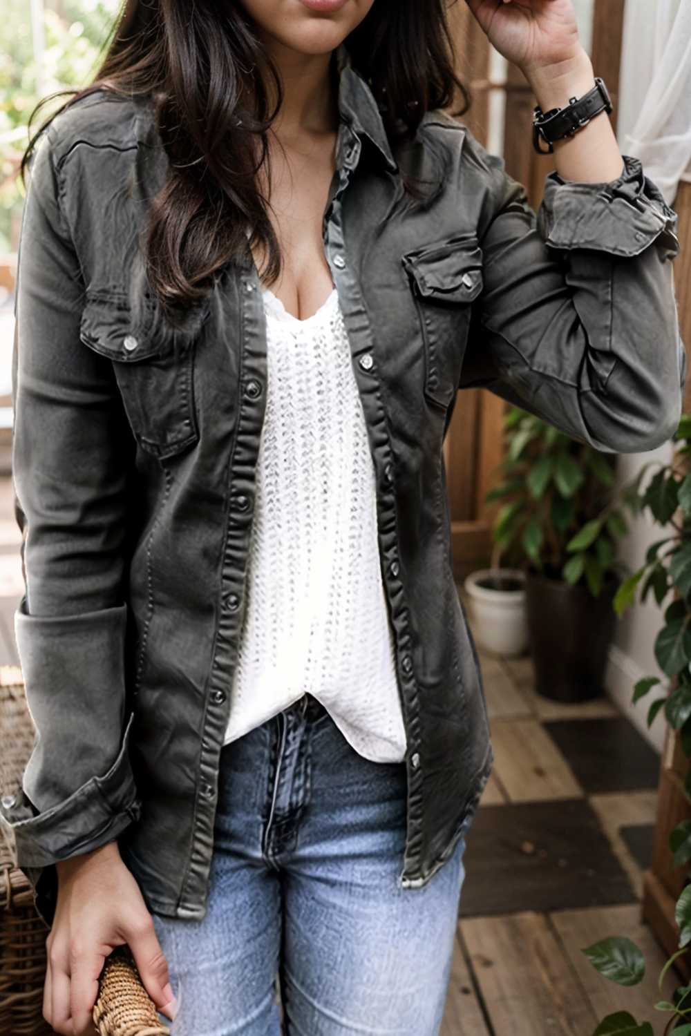 ruched trim button up long sleeve collared casual jacket 105406