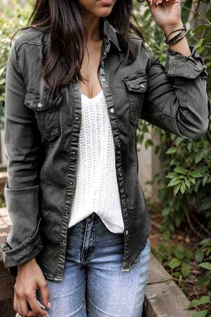 ruched trim button up long sleeve collared casual jacket 105405