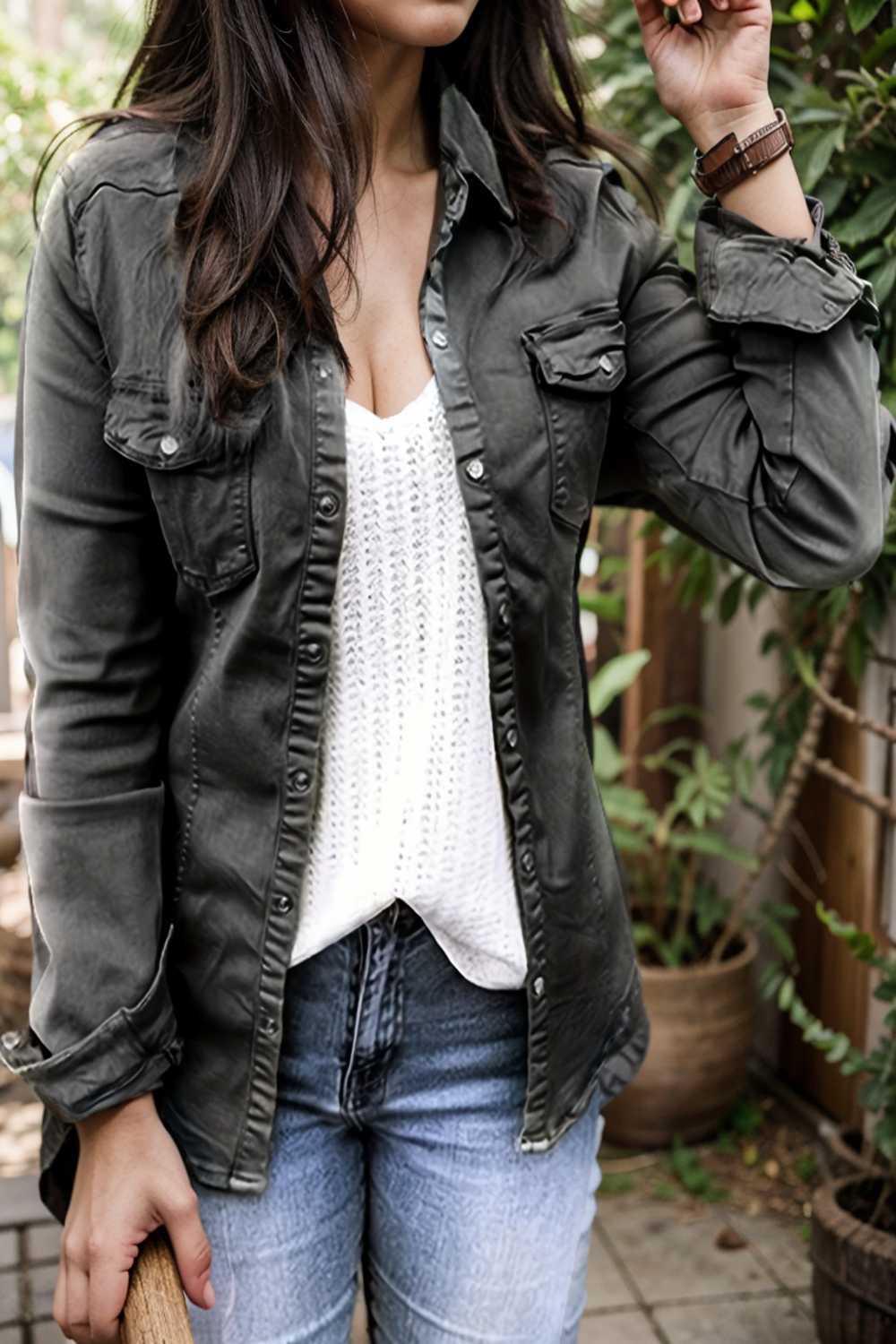 ruched trim button up long sleeve collared casual jacket 105404
