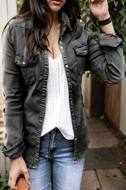 ruched trim button up long sleeve collared casual jacket 105402