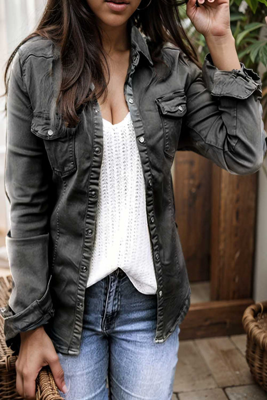 ruched trim button up long sleeve collared casual jacket 105401