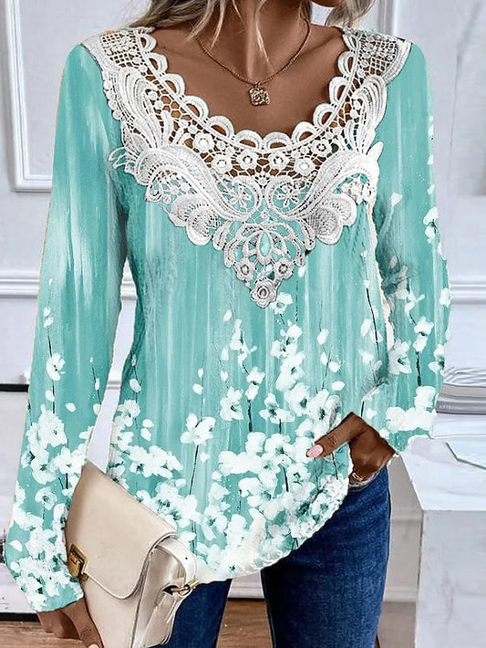 Women's Shirt Blouse Floral Casual Lace Patchwork Print Purple Long Sleeve Fashion Round Neck Spring &  Fall